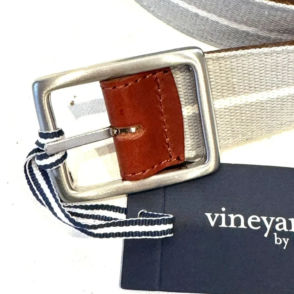 Vineyard Vines Reversible Belt Brown Leather/Granite Webbing Silver Buckle 32